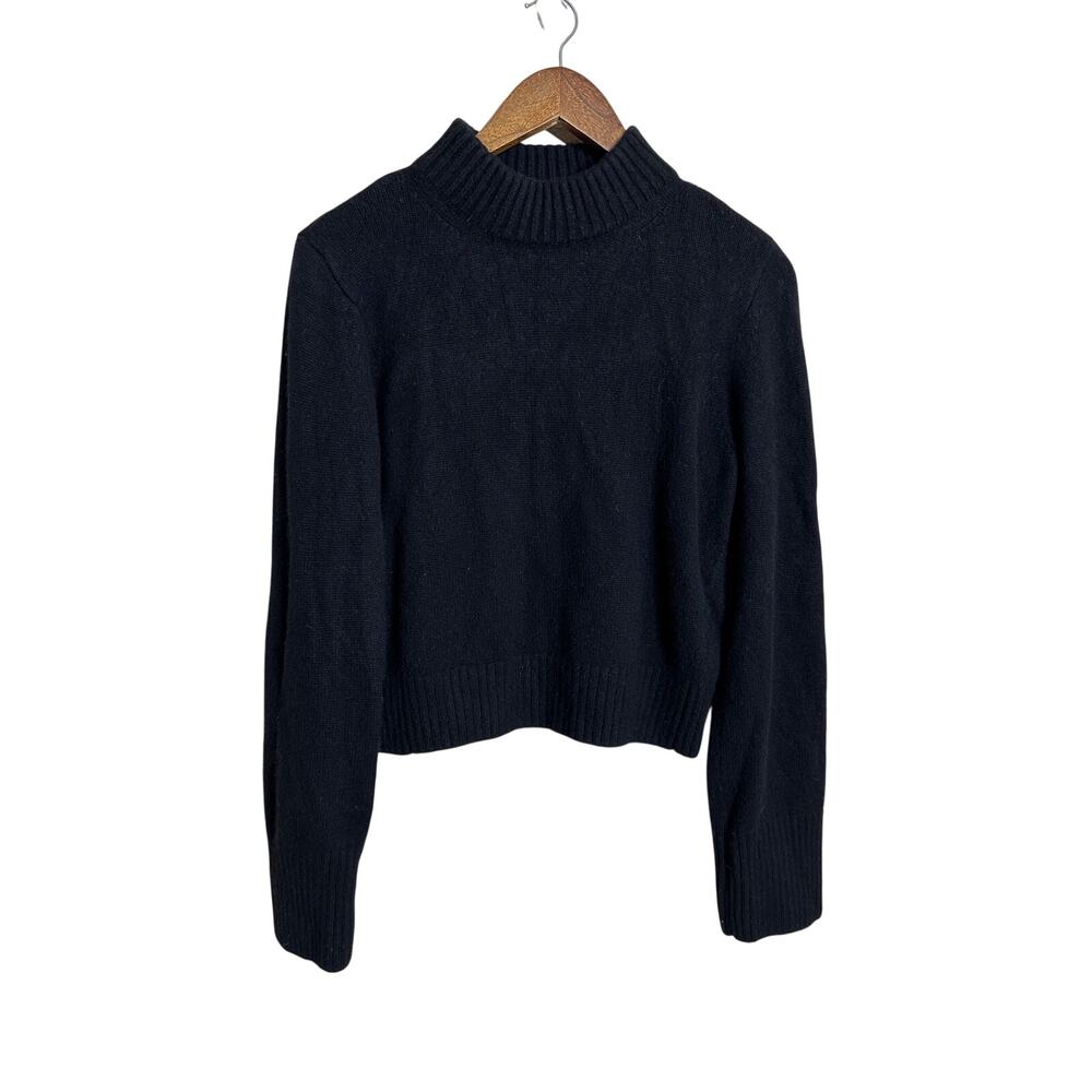 Lilysilk Ribbed Collar Hemline Wool Cashmere Sweater Black Cropped Mock Neck M